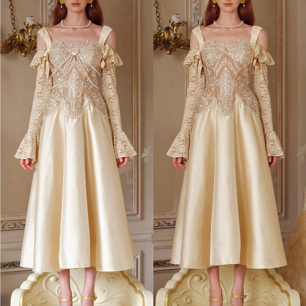Elegant Lace and Satin Gown lacemade XS